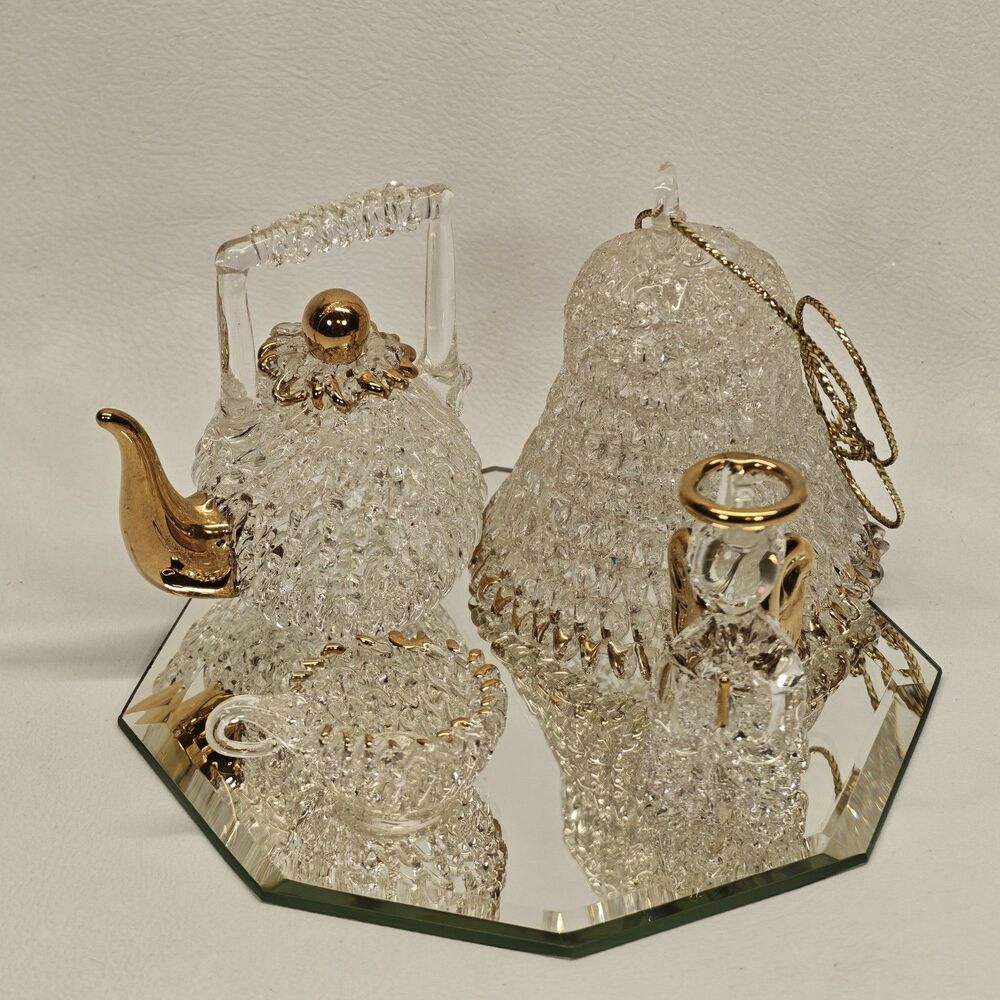 Vintage Spun Glass Mini Tea Set Teapot Teacup Angel Bell Gold Trim Mirror